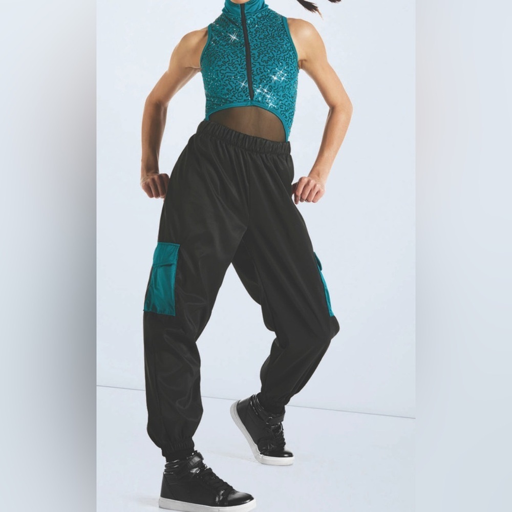Weissman Dynamite One Piece Long Pant Dance Costume Turquoise/Black Adult Small